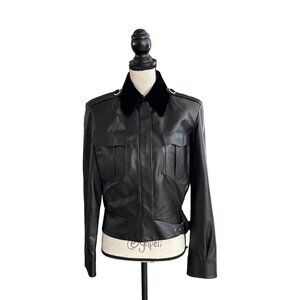 Chanel black lamb leather velour collar jacket size 38